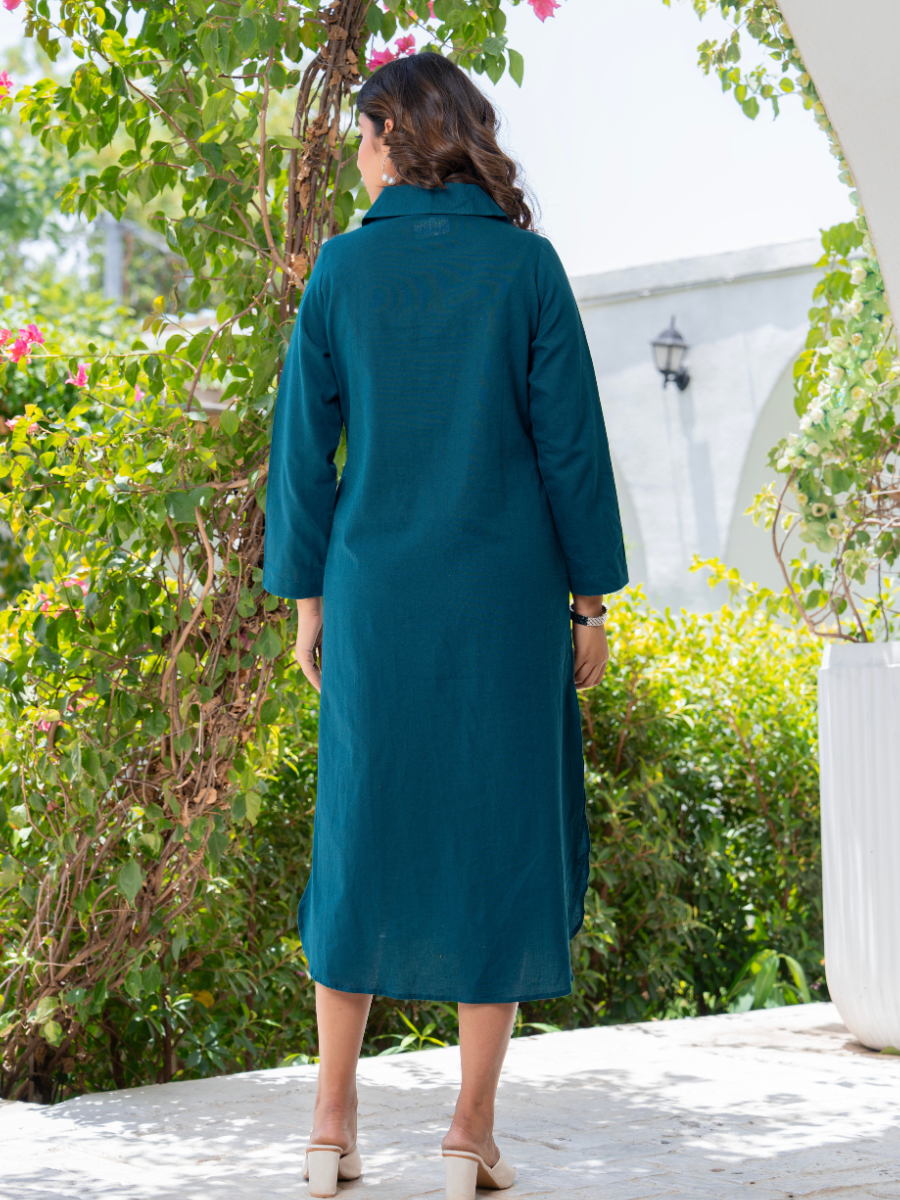 Teal Linen‑Cotton Collared Midi Dress – Relaxed Polo Shirt Dress